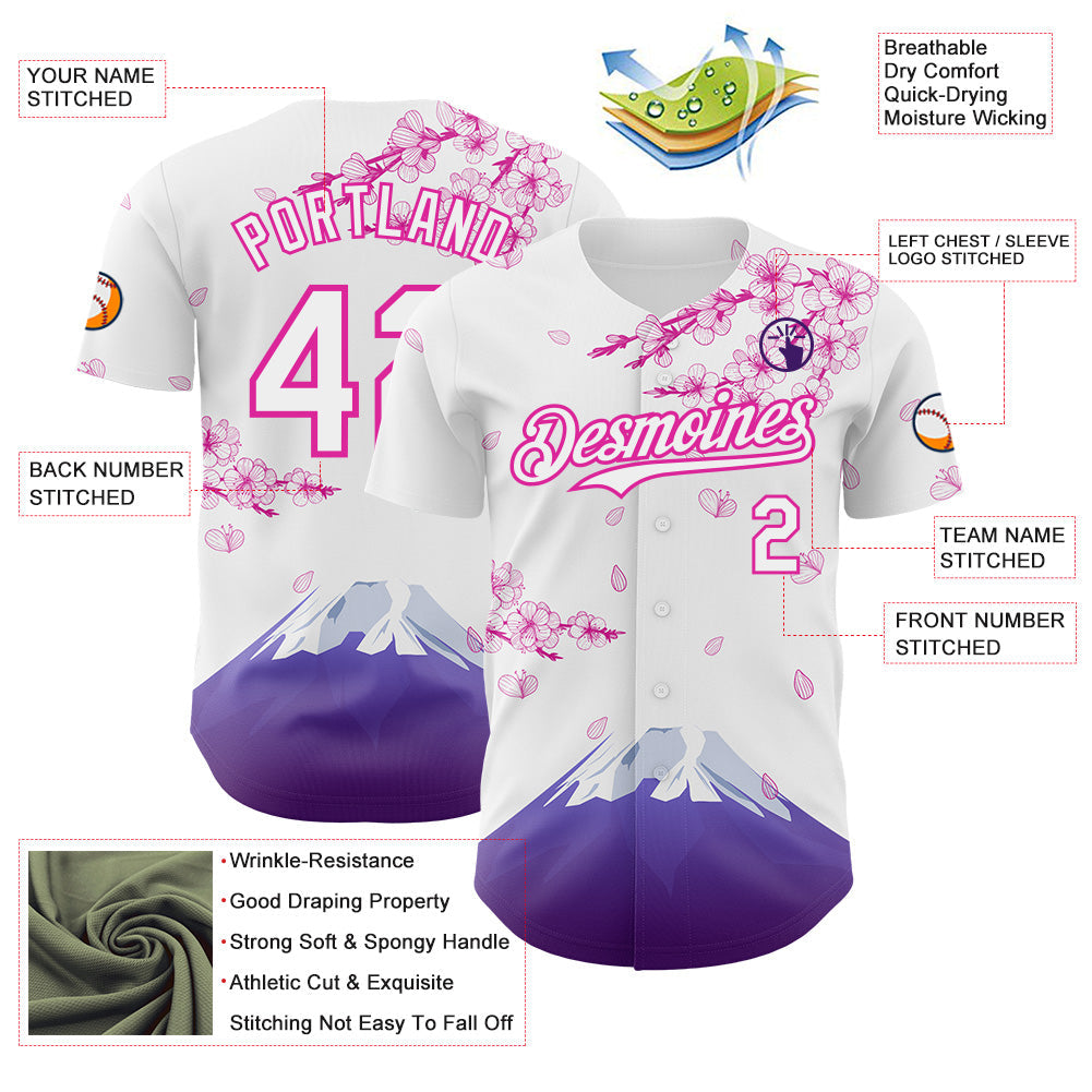 Custom White-Deep Pink Cherry Blossoms Sakura Mount Fuji Authentic Baseball Jersey view 3