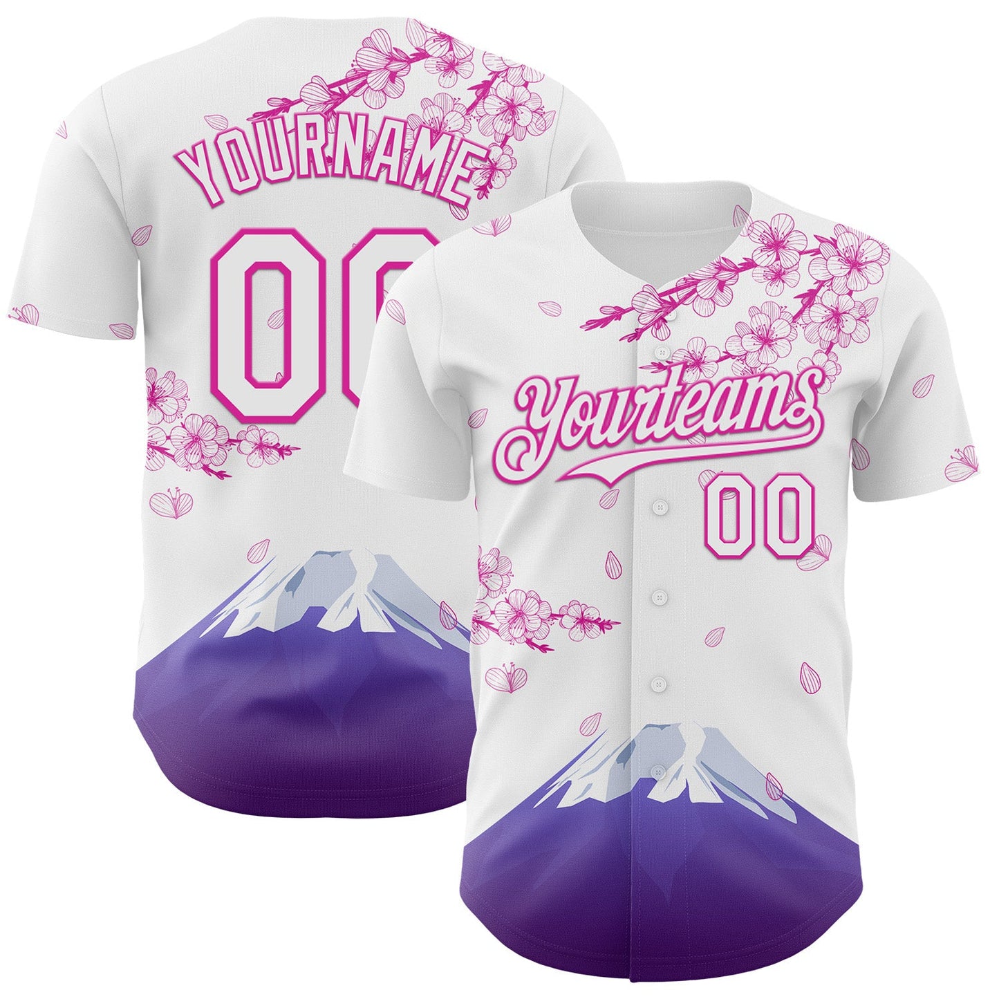 Custom White-Deep Pink Cherry Blossoms Sakura Mount Fuji Authentic Baseball Jersey - Main View