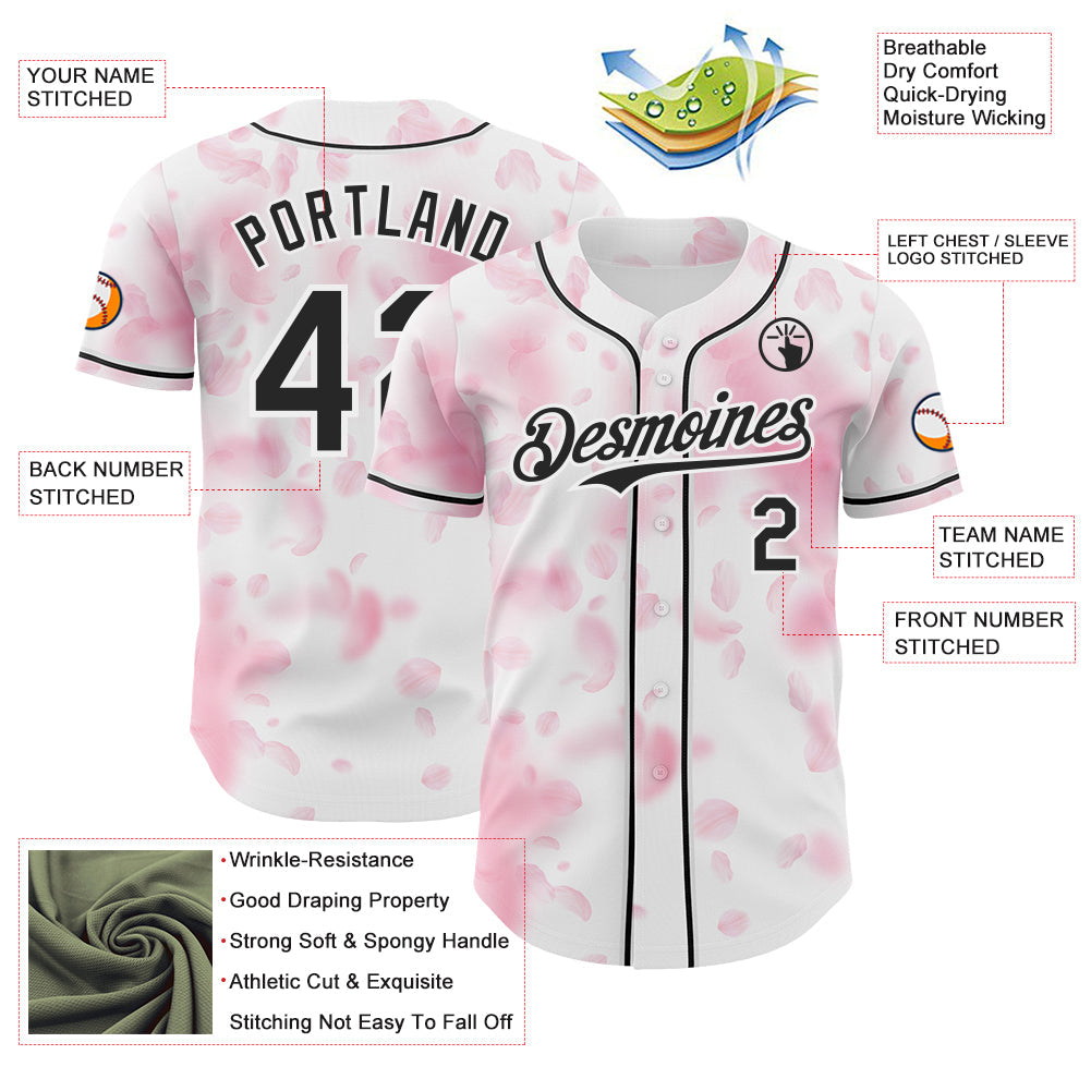 Custom White-Black Cherry Blossoms Sakura Authentic Baseball Jersey view 3