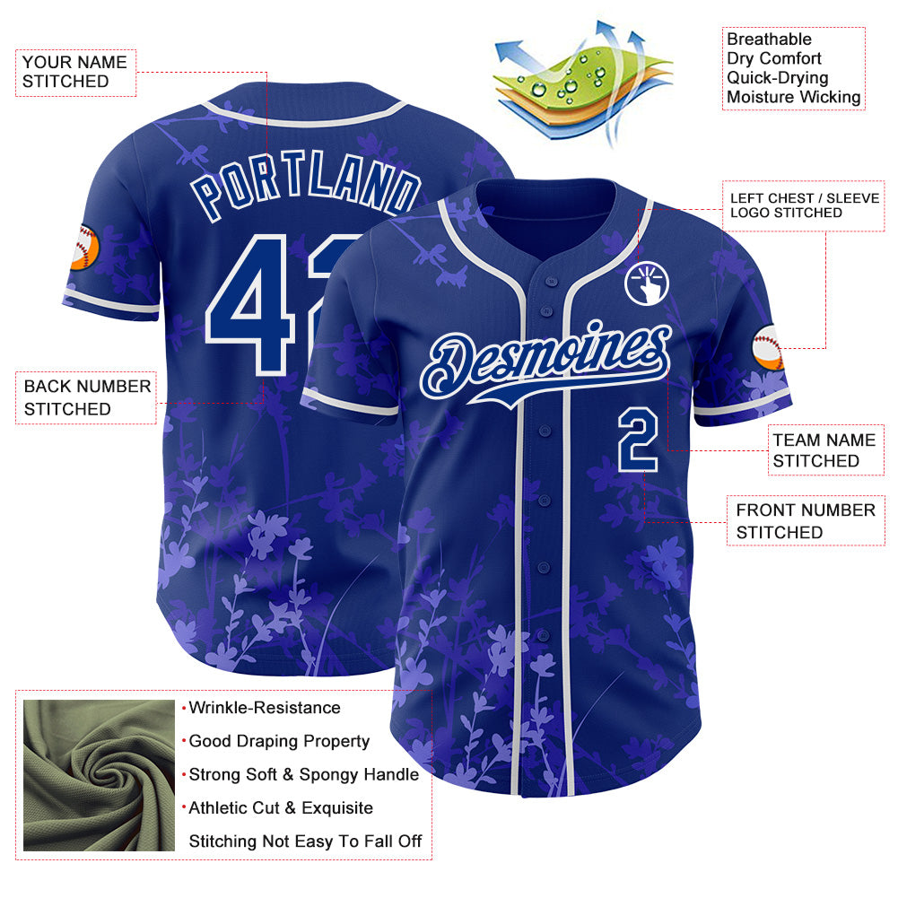 Custom Royal-White Cherry Blossoms Sakura Authentic Baseball Jersey view 3