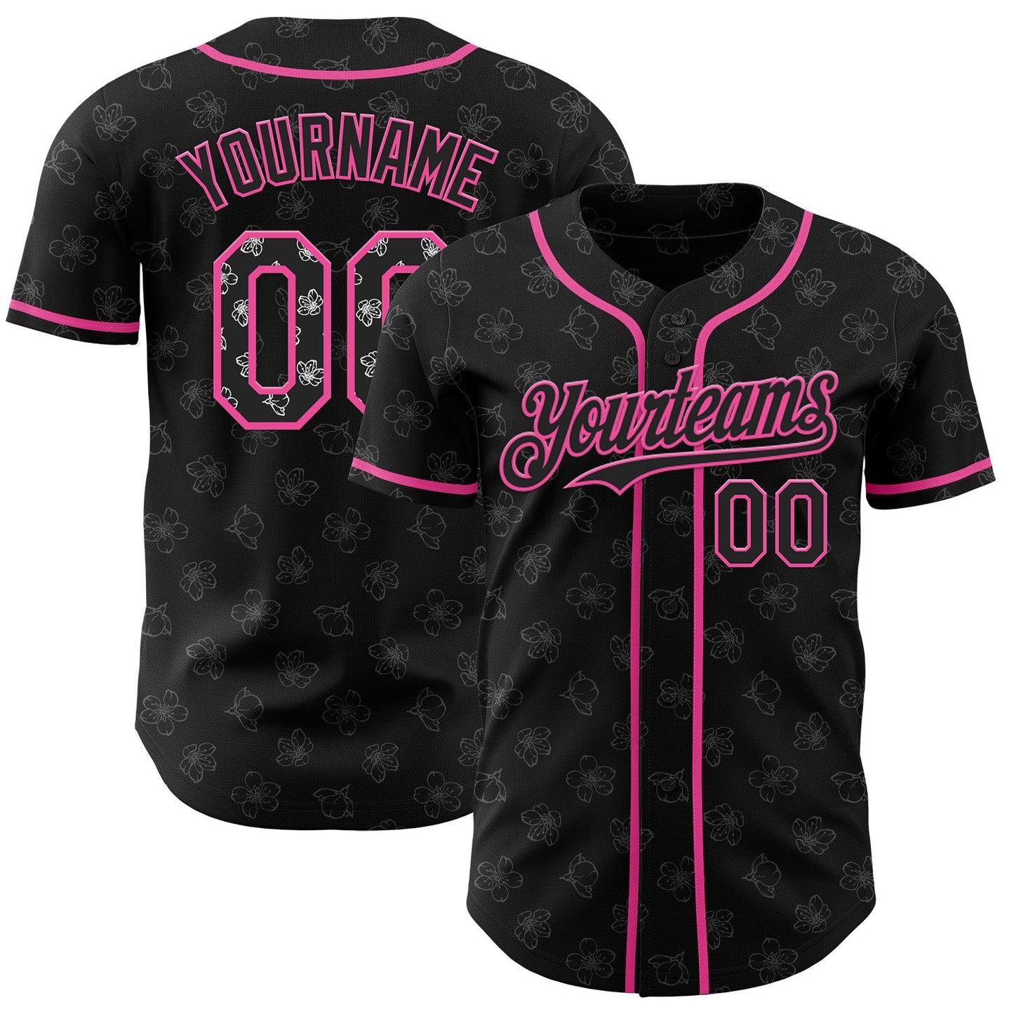 Custom Black-Pink Cherry Blossoms Sakura Authentic Baseball Jersey - Main View