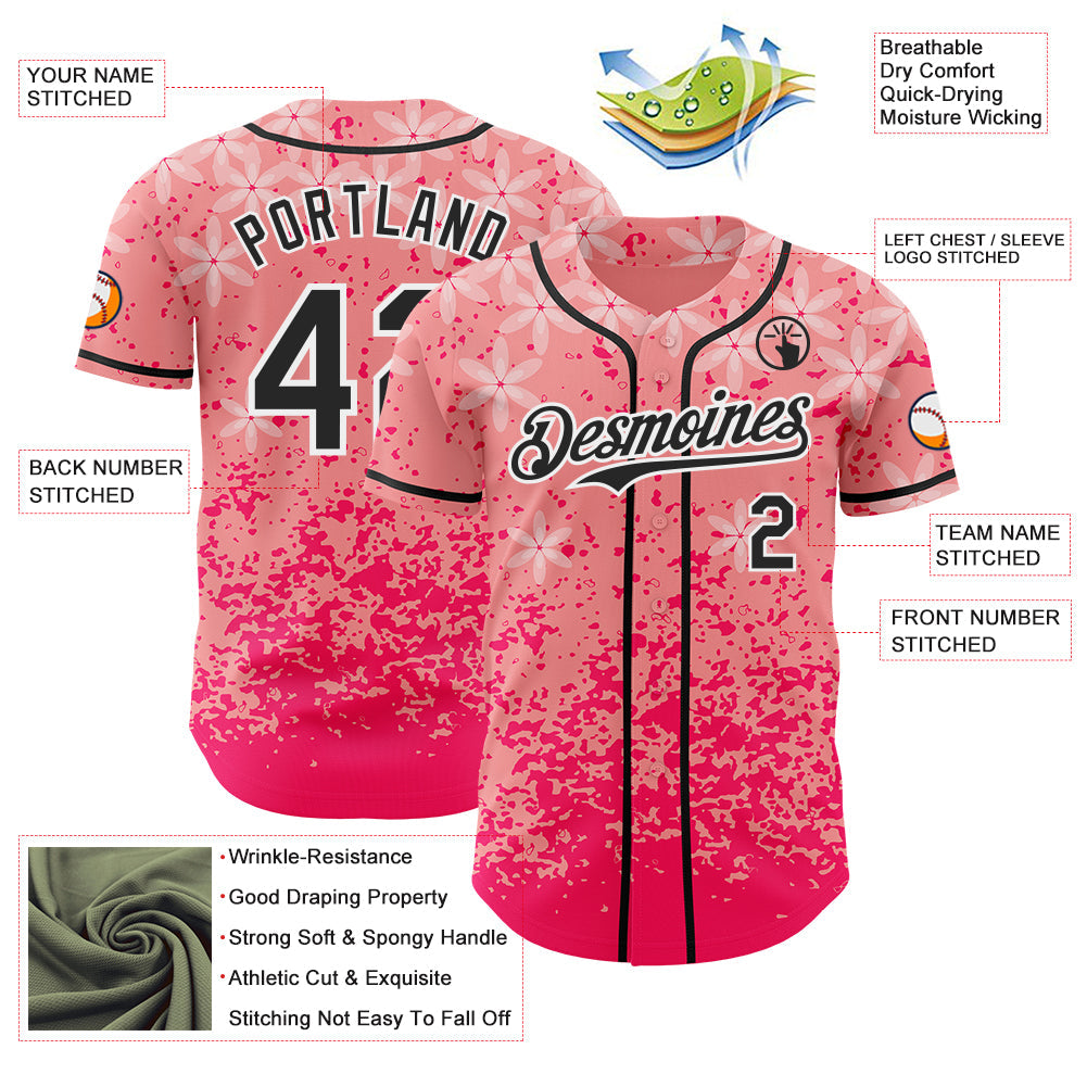 Custom Pink Black-White Cherry Blossoms Sakura Authentic Baseball Jersey view 3