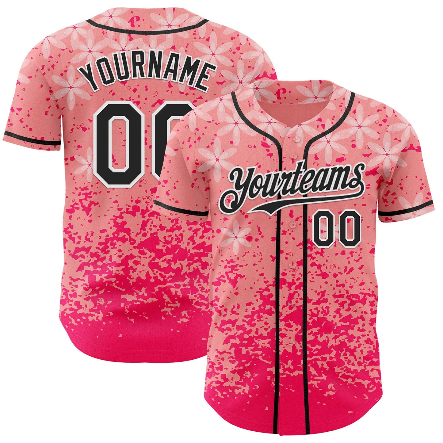 Custom Pink Black-White Cherry Blossoms Sakura Authentic Baseball Jersey - Main View