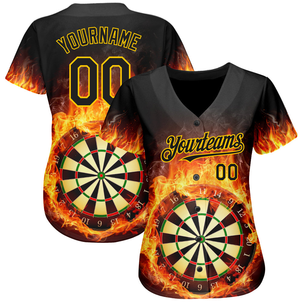 Custom Black Gold 3D Pattern Design Flame Dart Board Authentic Baseball Jersey view 2