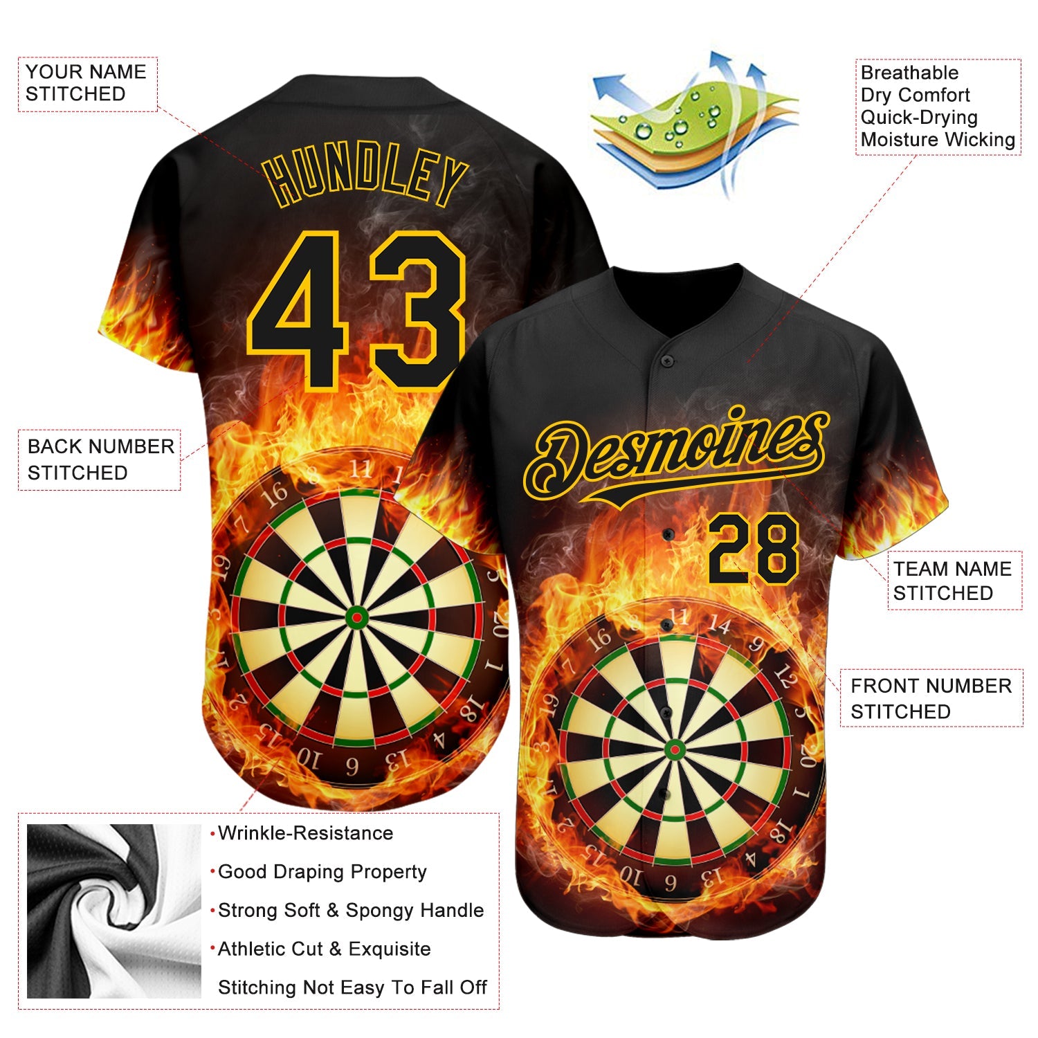 Custom Black Gold 3D Pattern Design Flame Dart Board Authentic Baseball Jersey view 3