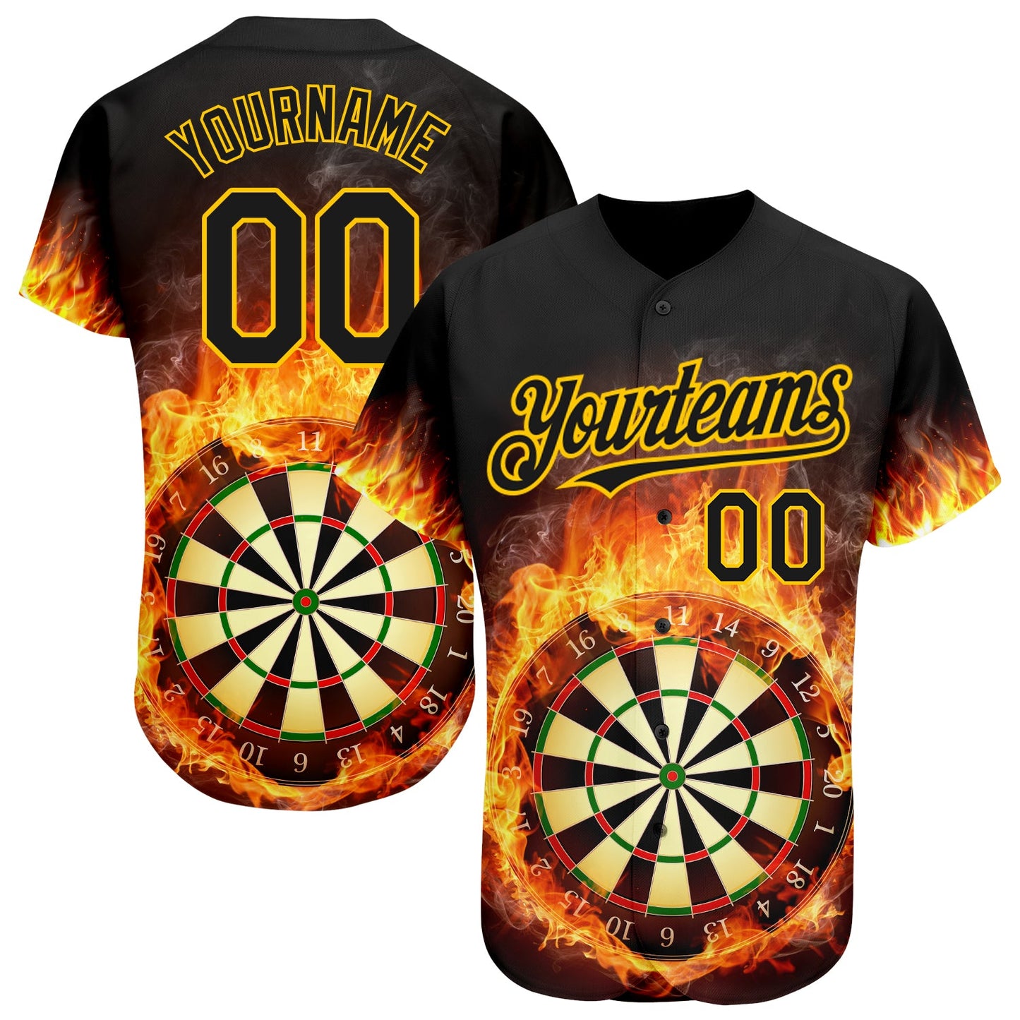 Custom Black Gold 3D Pattern Design Flame Dart Board Authentic Baseball Jersey - Main View