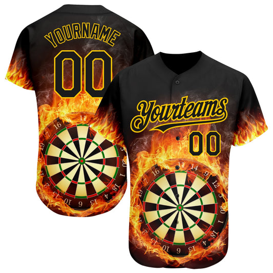Custom Black Gold 3D Pattern Design Flame Dart Board Authentic Baseball Jersey - Main View