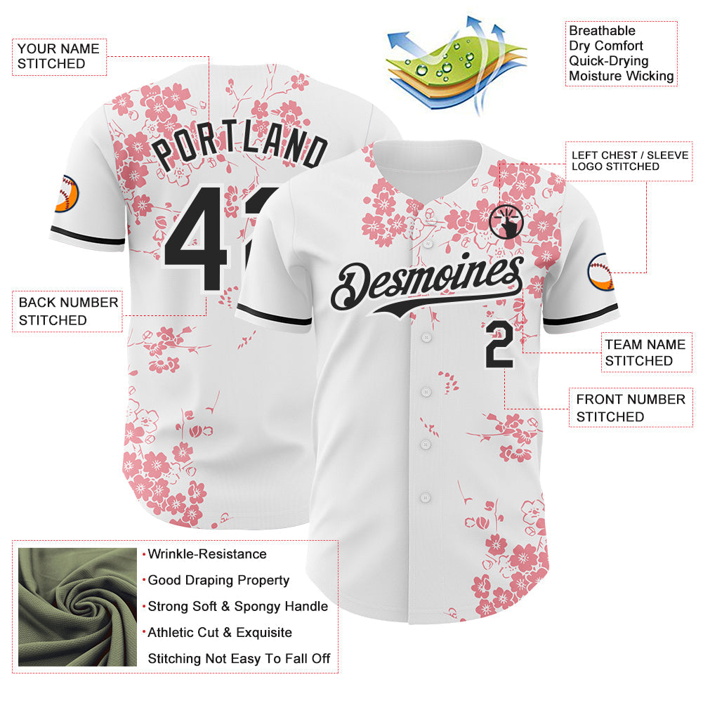 Custom White-Black Cherry Blossoms Sakura Authentic Baseball Jersey view 3