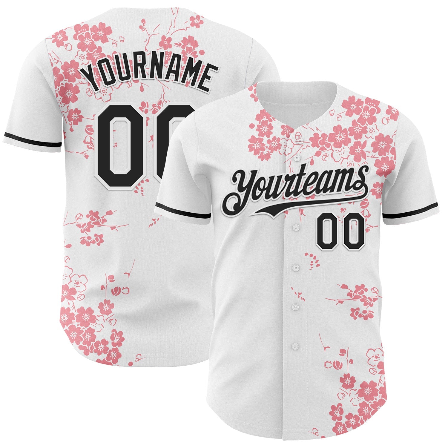 Custom White-Black Cherry Blossoms Sakura Authentic Baseball Jersey - Main View