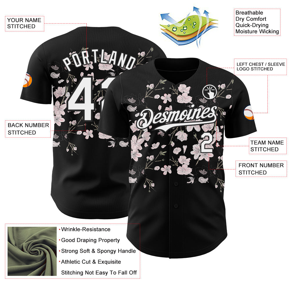 Custom Black-White Cherry Blossoms Sakura Authentic Baseball Jersey view 3