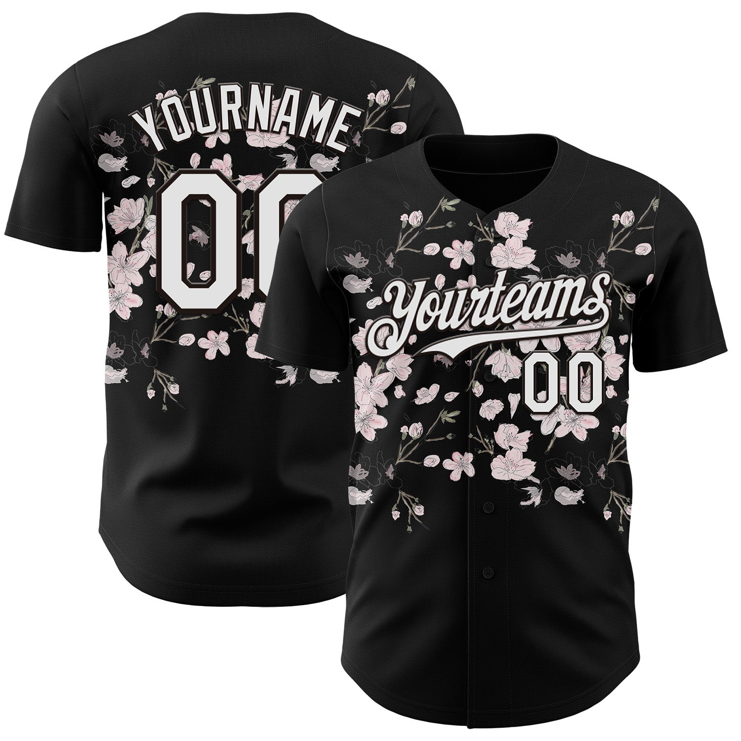 Custom Black-White Cherry Blossoms Sakura Authentic Baseball Jersey - Main View
