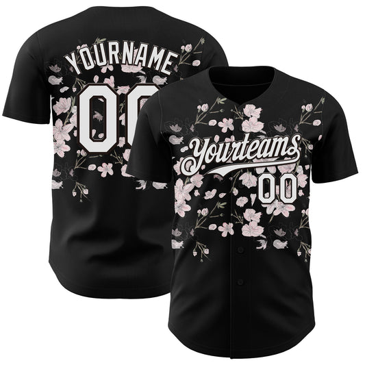 Custom Black-White Cherry Blossoms Sakura Authentic Baseball Jersey - Main View