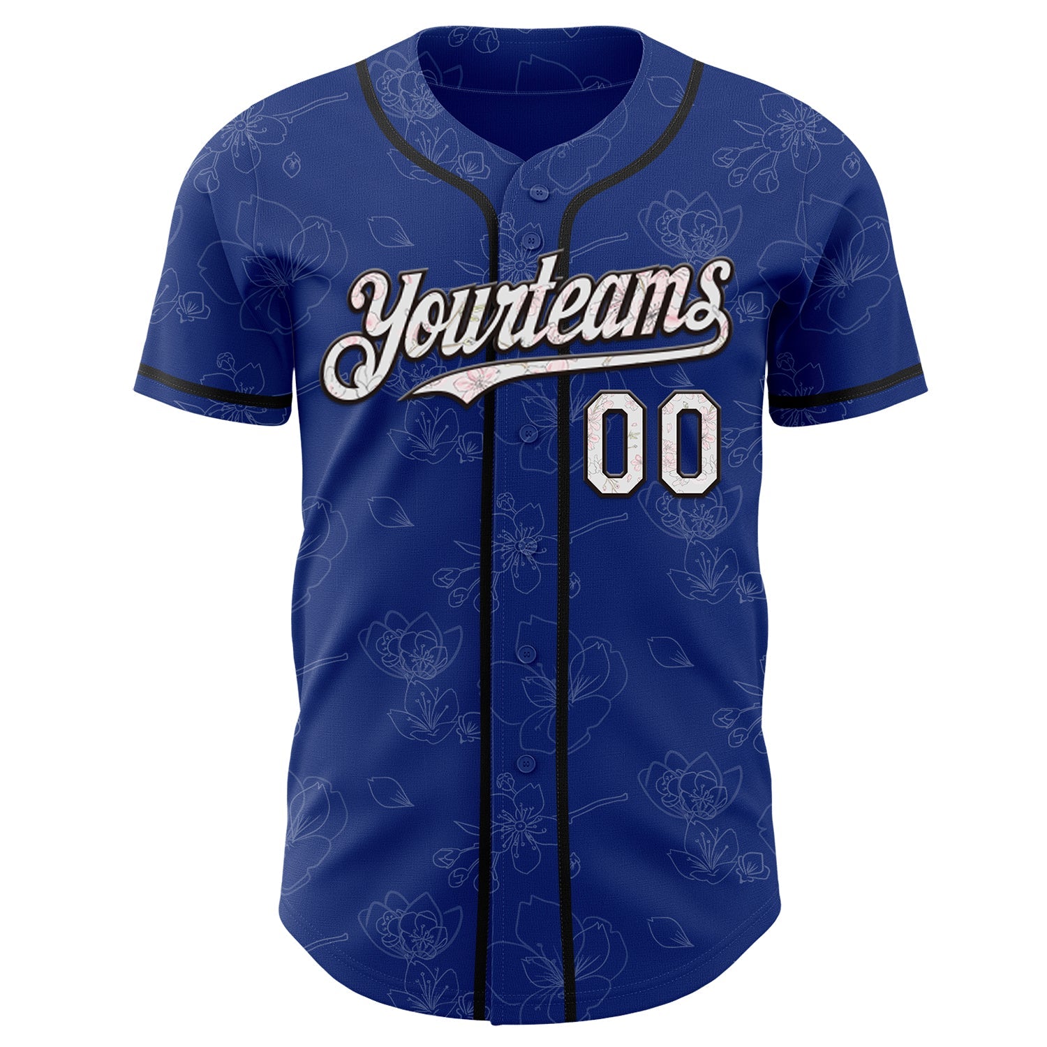 Custom Royal White-Black Cherry Blossoms Sakura Authentic Baseball Jersey view 2