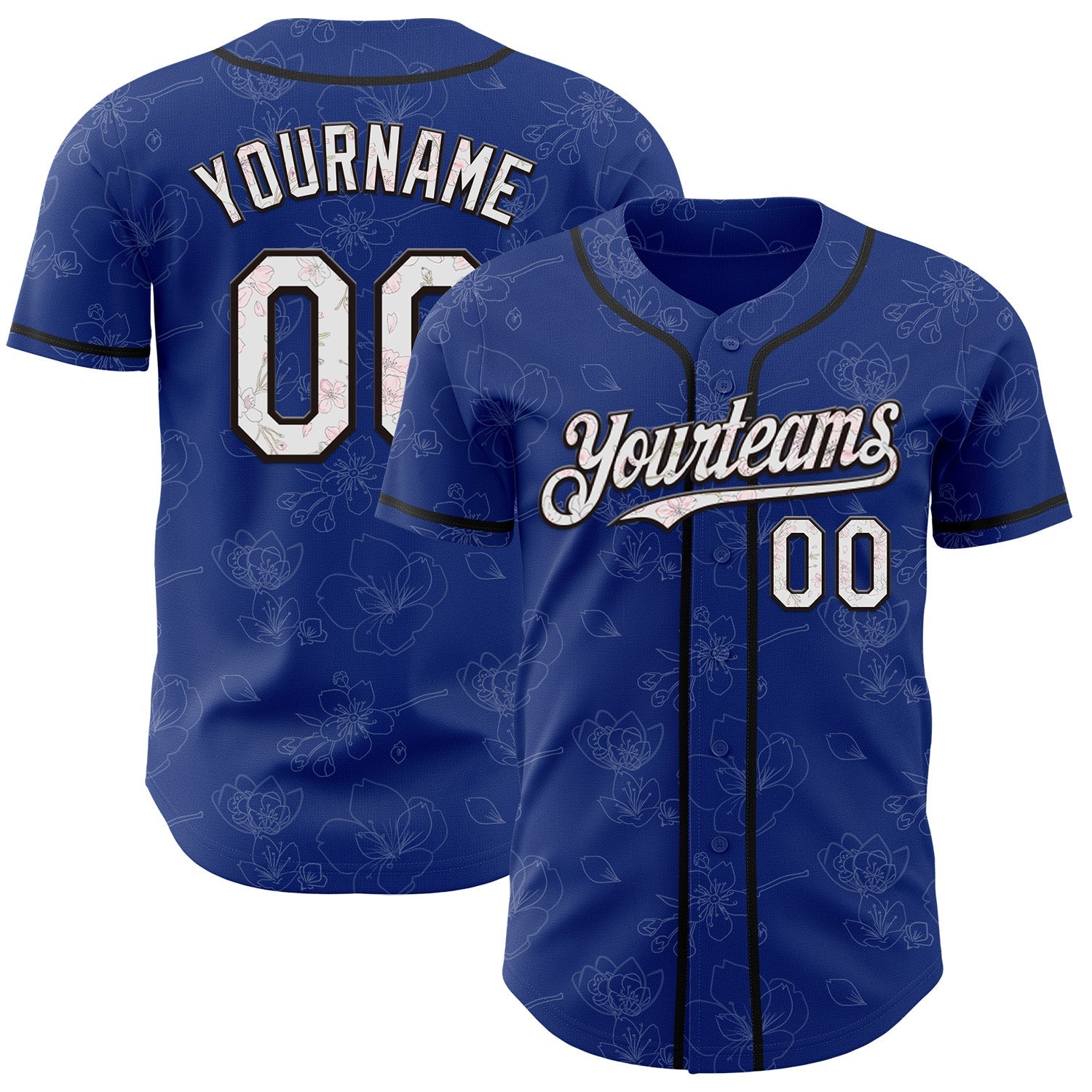 Custom Royal White-Black Cherry Blossoms Sakura Authentic Baseball Jersey - Main View