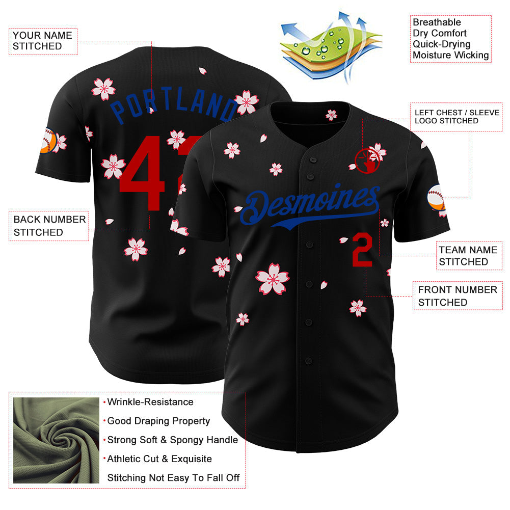 Custom Black Red-Royal Cherry Blossoms Sakura Authentic Baseball Jersey view 3