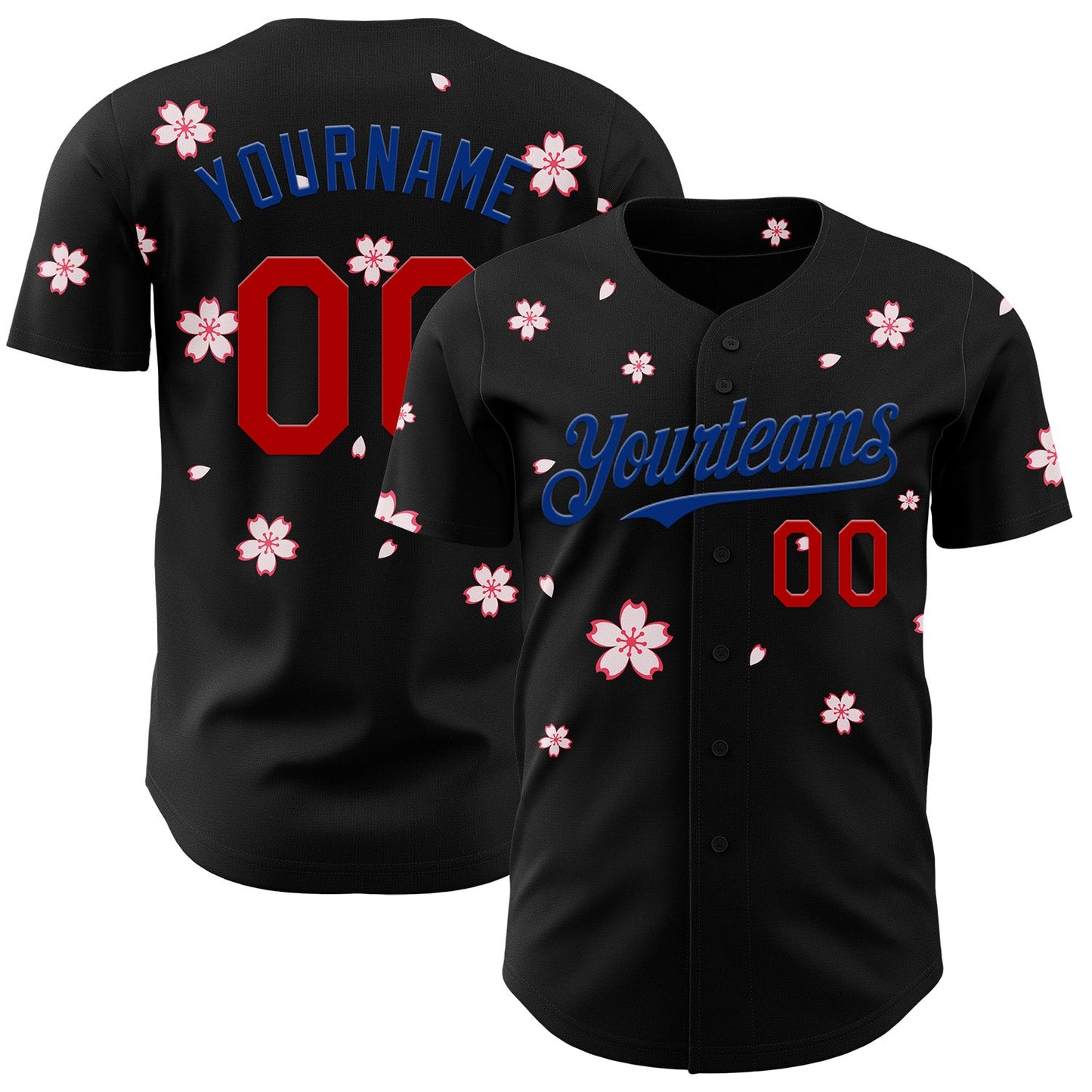 Custom Black Red-Royal Cherry Blossoms Sakura Authentic Baseball Jersey - Main View