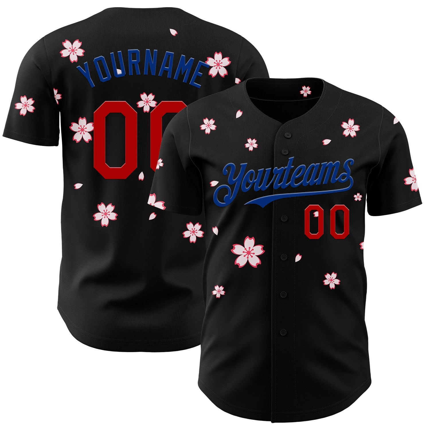 Custom Black Red-Royal Cherry Blossoms Sakura Authentic Baseball Jersey - Main View