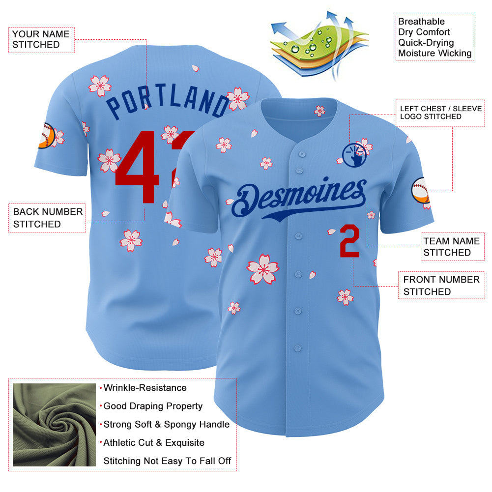 Custom Light Blue Red-Royal Cherry Blossoms Sakura Authentic Baseball Jersey view 3