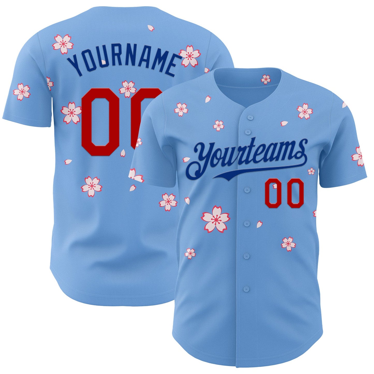 Custom Light Blue Red-Royal Cherry Blossoms Sakura Authentic Baseball Jersey - Main View