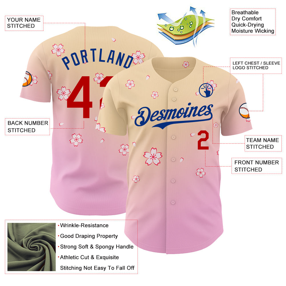 Custom Cream Red Pink-Royal Cherry Blossoms Sakura Gradient Authentic Baseball Jersey view 3