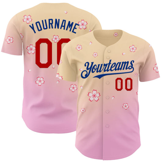 Custom Cream Red Pink-Royal Cherry Blossoms Sakura Gradient Authentic Baseball Jersey - Main View