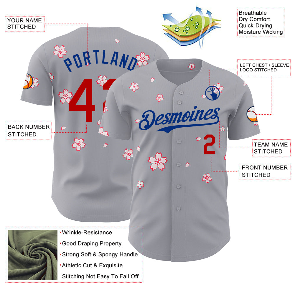 Custom Gray Red-Royal Cherry Blossoms Sakura Authentic Baseball Jersey view 3