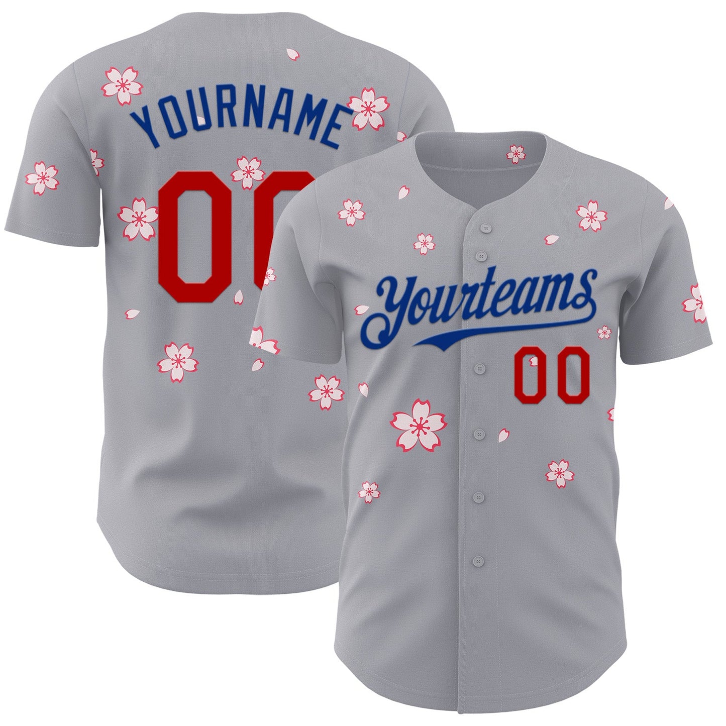 Custom Gray Red-Royal Cherry Blossoms Sakura Authentic Baseball Jersey - Main View