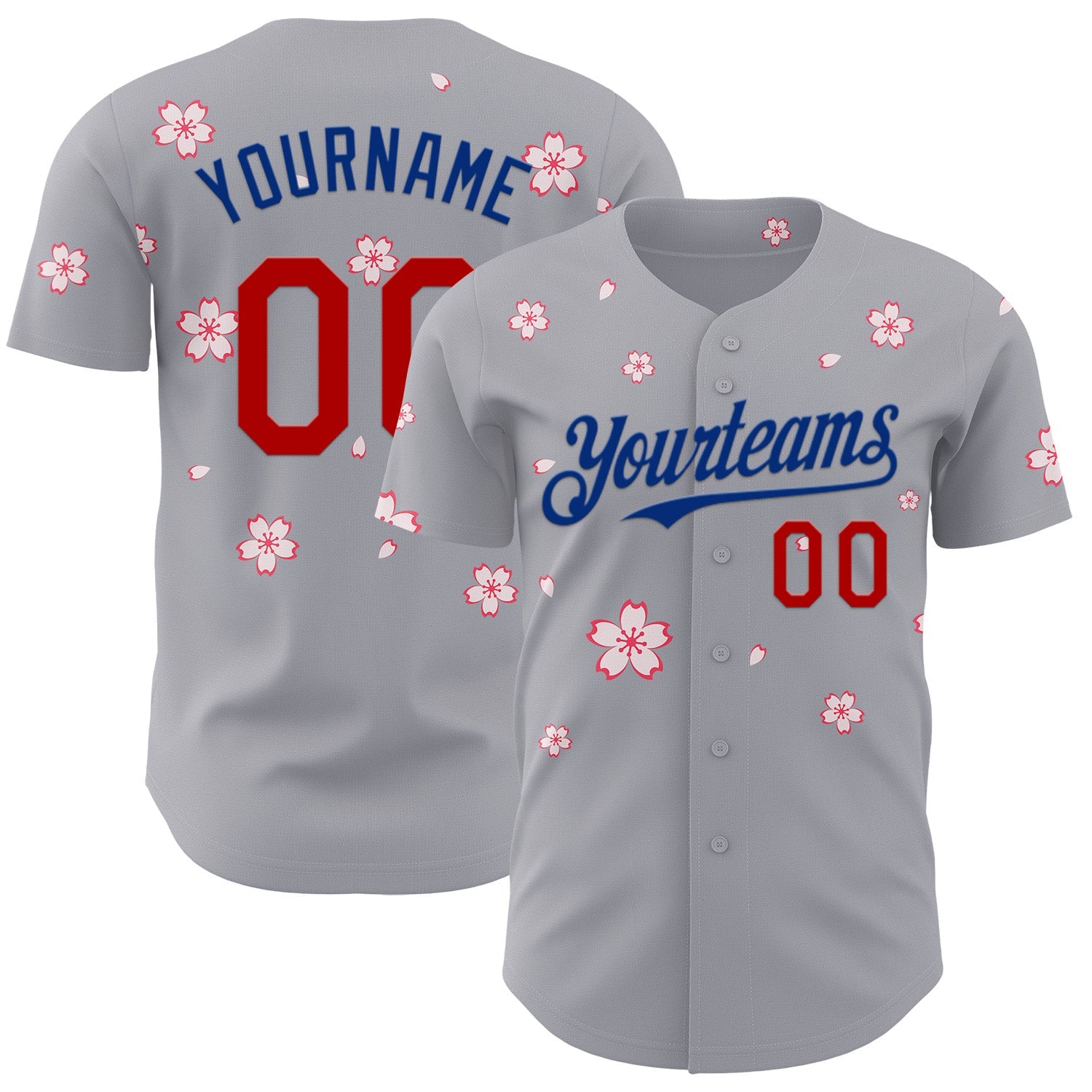 Custom Gray Red-Royal Cherry Blossoms Sakura Authentic Baseball Jersey - Main View
