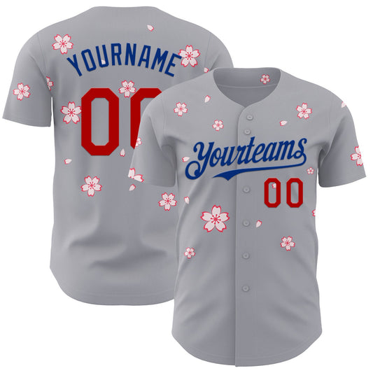 Custom Gray Red-Royal Cherry Blossoms Sakura Authentic Baseball Jersey - Main View