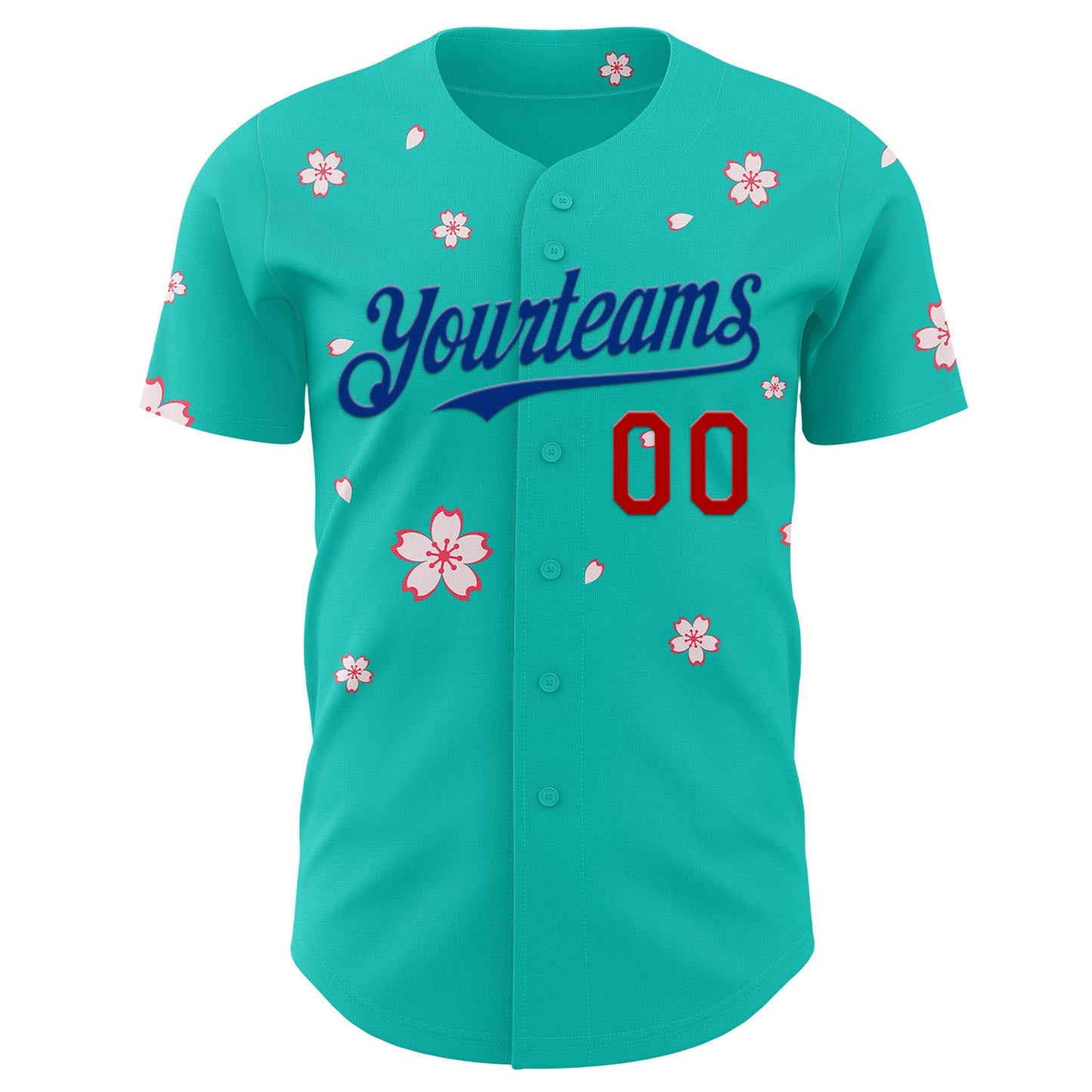 Custom Aqua Red-Royal Cherry Blossoms Sakura Authentic Baseball Jersey view 2