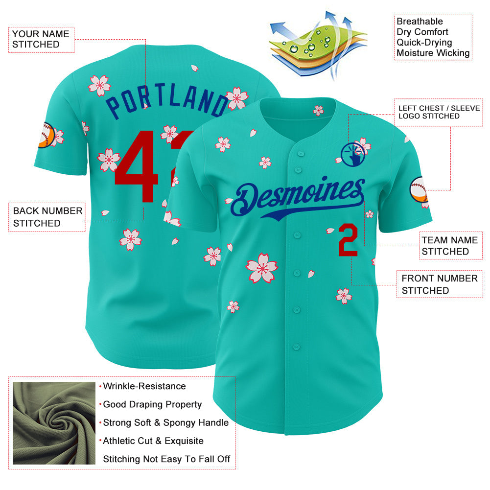 Custom Aqua Red-Royal Cherry Blossoms Sakura Authentic Baseball Jersey view 3