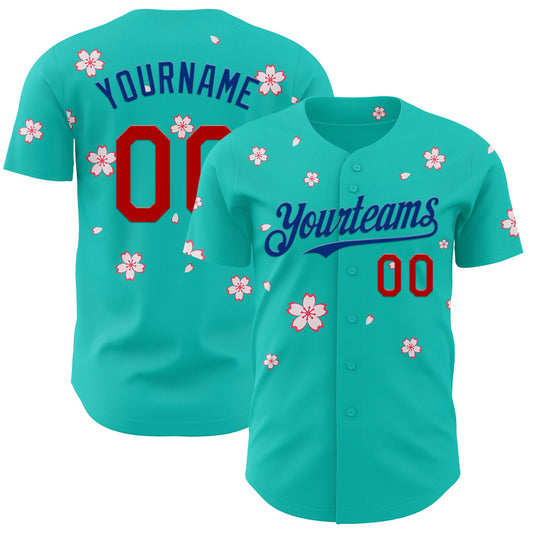 Custom Aqua Red-Royal Cherry Blossoms Sakura Authentic Baseball Jersey - Main View