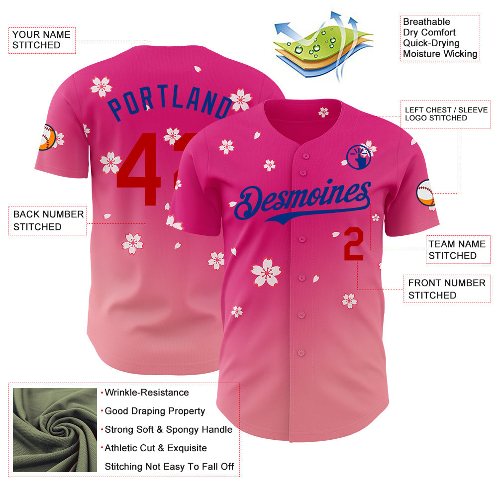 Custom Pink Red-Royal Cherry Blossoms Sakura Gradient Authentic Baseball Jersey view 3