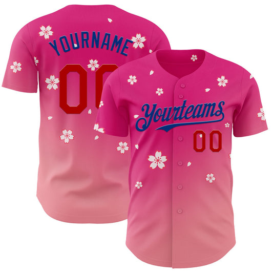 Custom Pink Red-Royal Cherry Blossoms Sakura Gradient Authentic Baseball Jersey - Main View