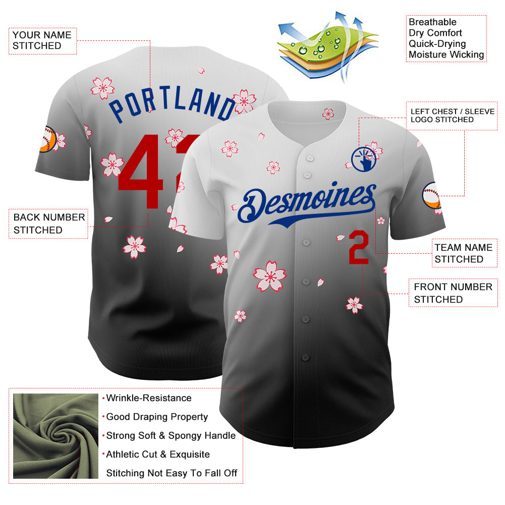 Custom White Red Black-Royal Cherry Blossoms Sakura Gradient Authentic Baseball Jersey view 3