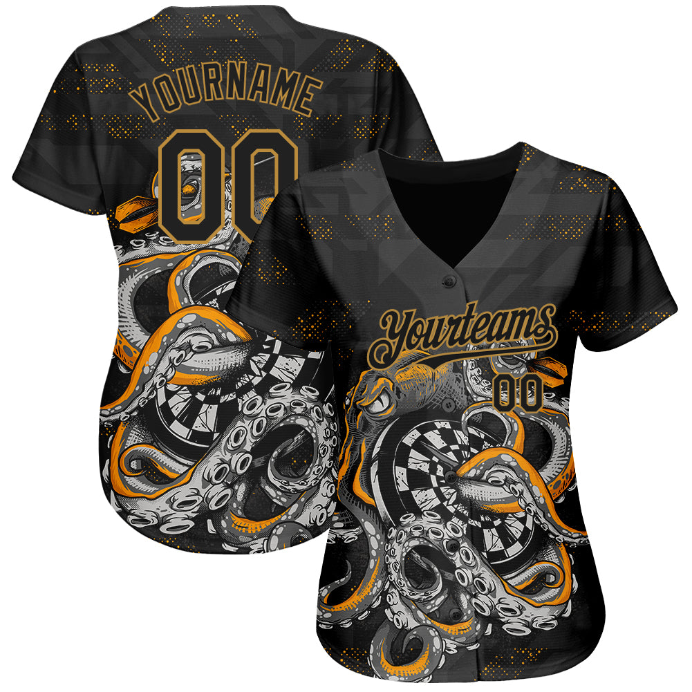 Custom Black Old Gold 3D Pattern Design Octopus Wrapped Around Dart Board Authentic Baseball Jersey view 2