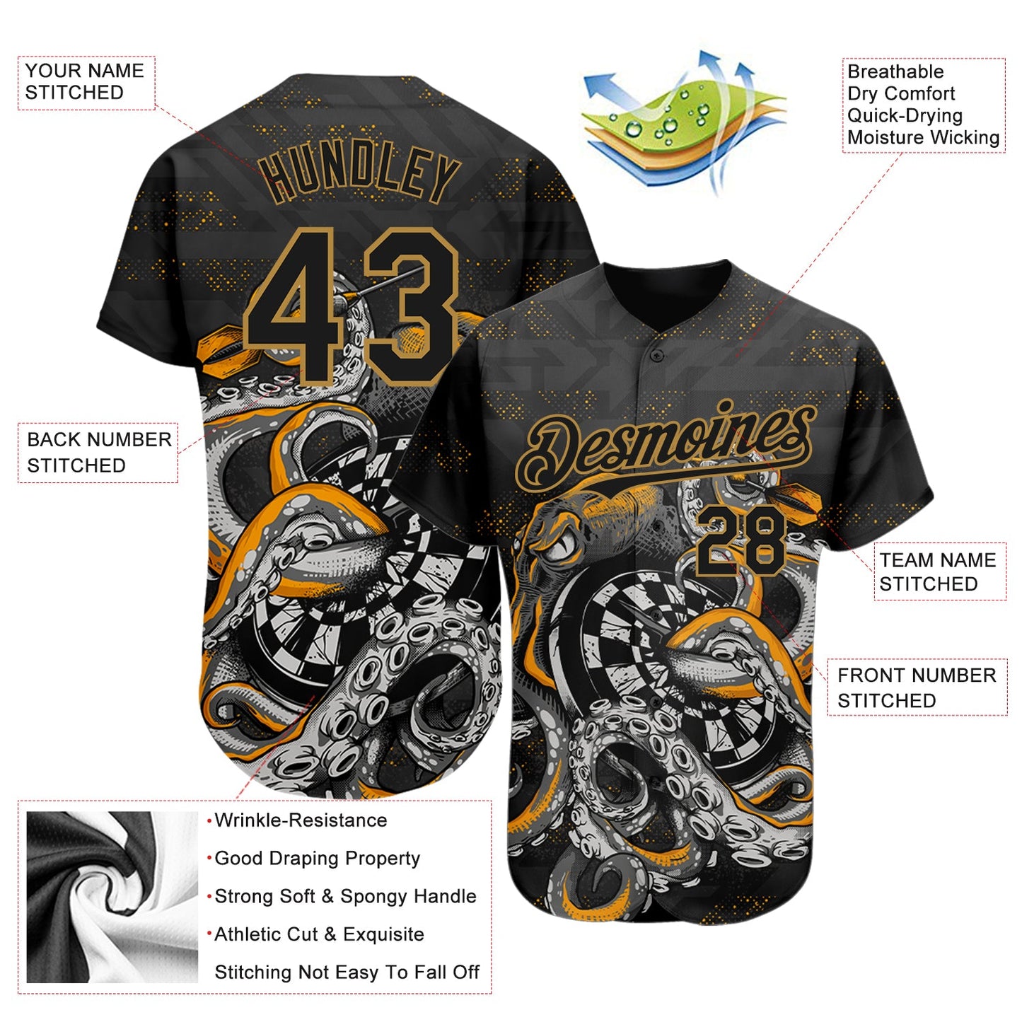 Custom Black Old Gold 3D Pattern Design Octopus Wrapped Around Dart Board Authentic Baseball Jersey view 3