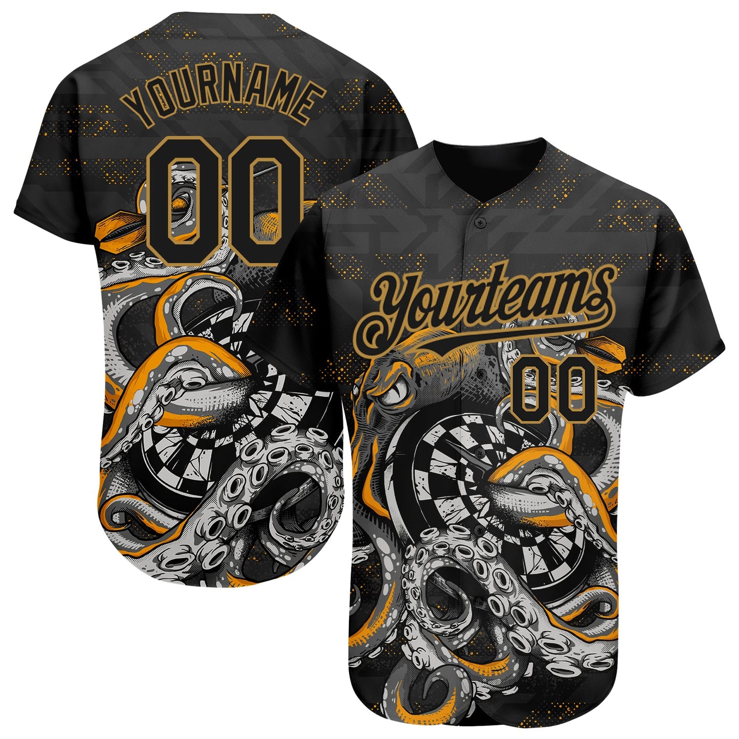 Custom Black Old Gold 3D Pattern Design Octopus Wrapped Around Dart Board Authentic Baseball Jersey - Main View