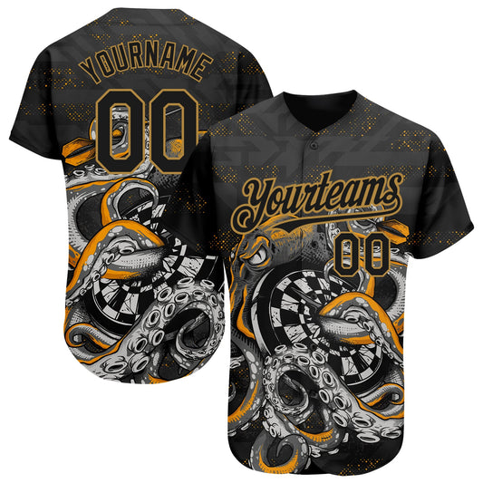Custom Black Old Gold 3D Pattern Design Octopus Wrapped Around Dart Board Authentic Baseball Jersey - Main View