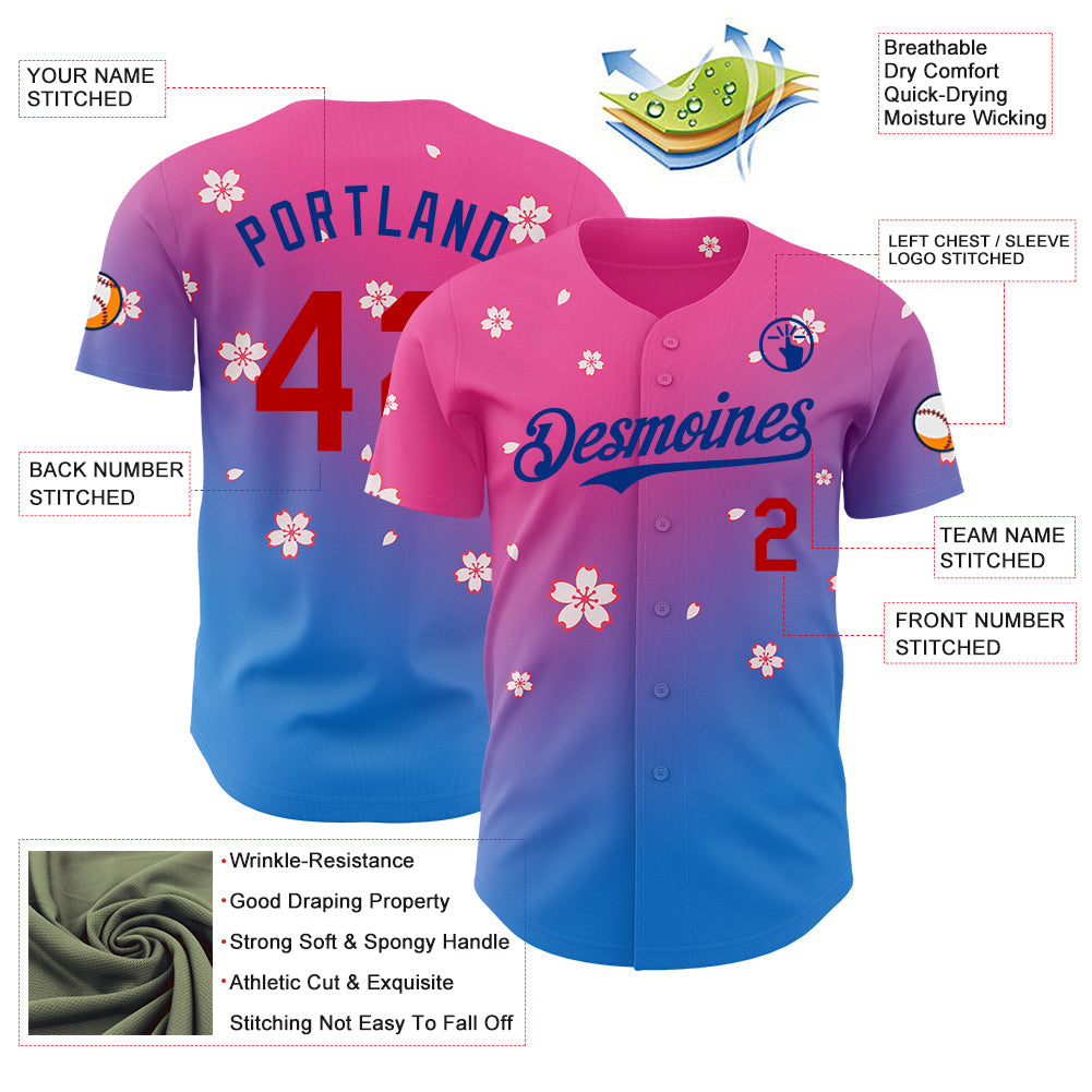 Custom Pink Red-Royal Cherry Blossoms Sakura Gradient Authentic Baseball Jersey view 3