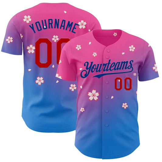 Custom Pink Red-Royal Cherry Blossoms Sakura Gradient Authentic Baseball Jersey - Main View