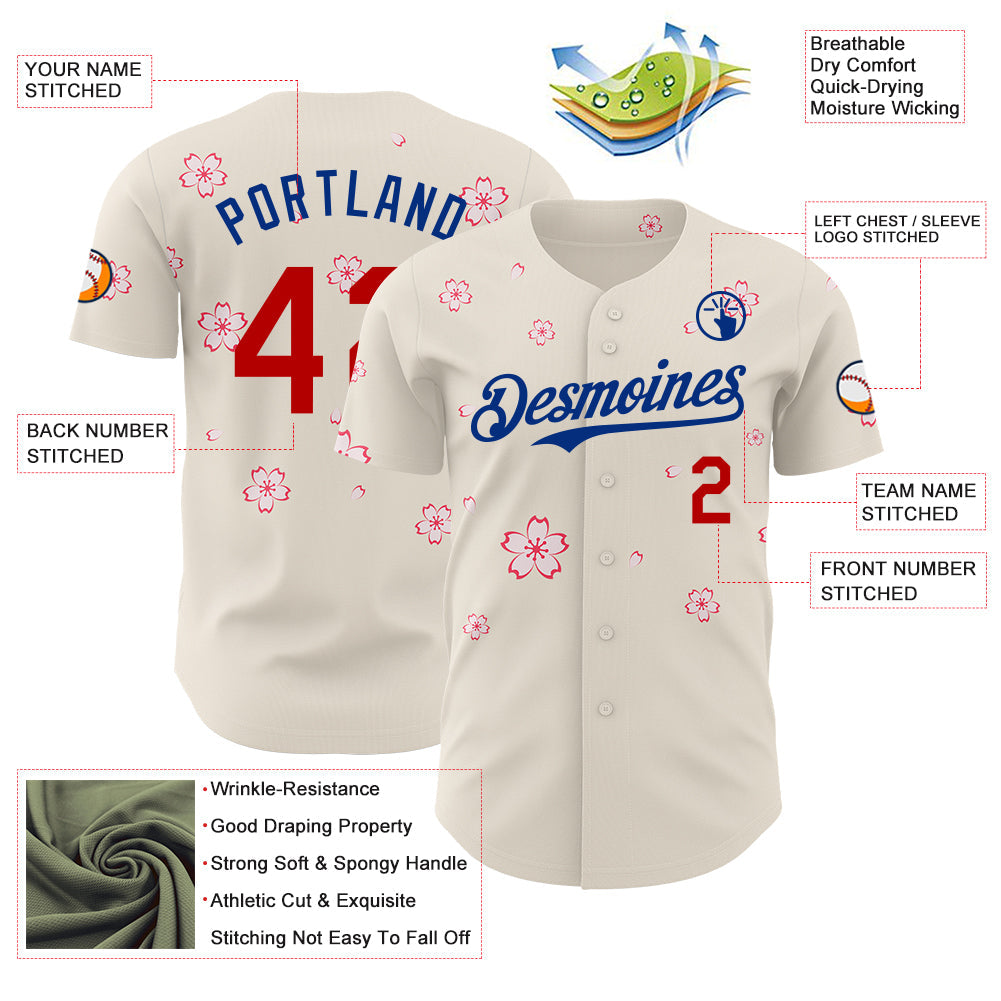 Custom Cream Red-Royal Cherry Blossoms Sakura Authentic Baseball Jersey view 3