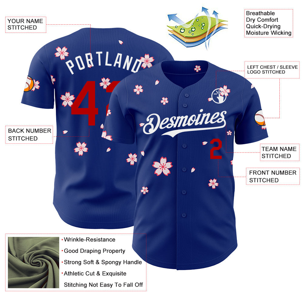 Custom Royal Red-White Cherry Blossoms Sakura Authentic Baseball Jersey view 3