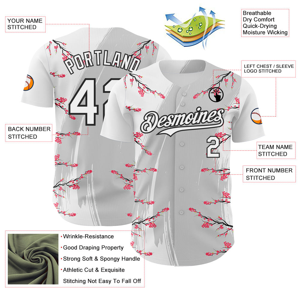 Custom White Gray-Black Cherry Blossoms Sakura Authentic Baseball Jersey view 3