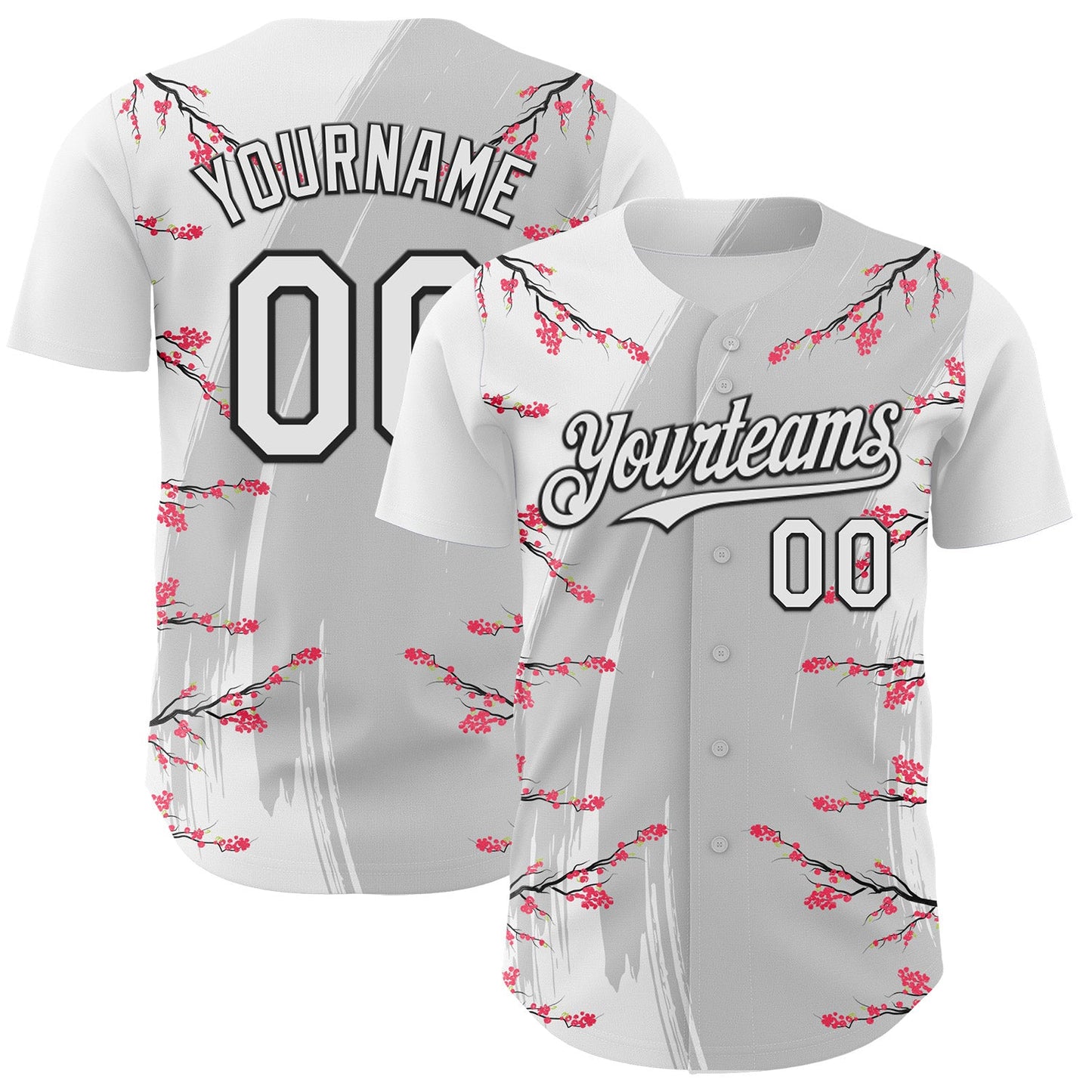 Custom White Gray-Black Cherry Blossoms Sakura Authentic Baseball Jersey - Main View