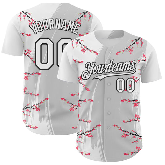 Custom White Gray-Black Cherry Blossoms Sakura Authentic Baseball Jersey - Main View