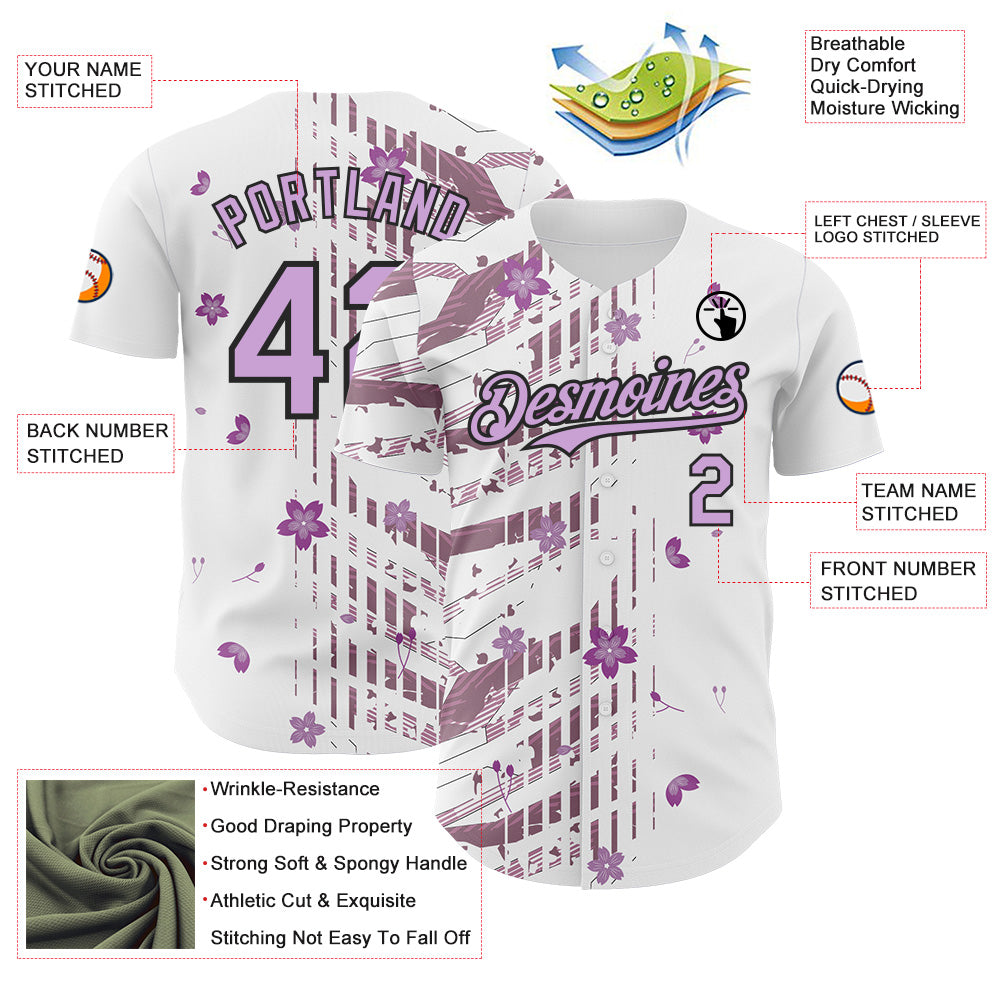 Custom White Light Purple-Black Cherry Blossoms Sakura Authentic Baseball Jersey view 3