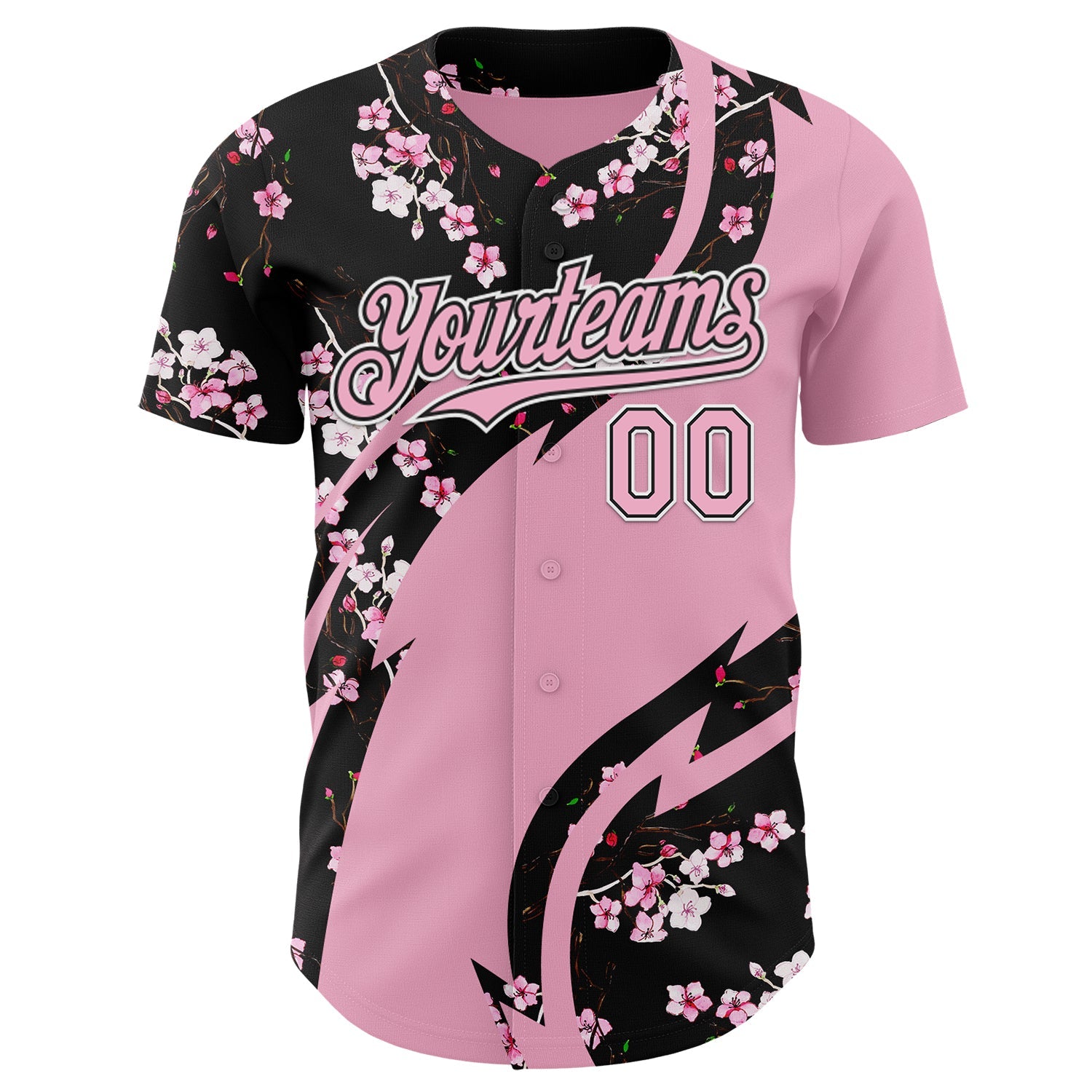 Custom Light Pink Black-White Cherry Blossoms Sakura Authentic Baseball Jersey view 2