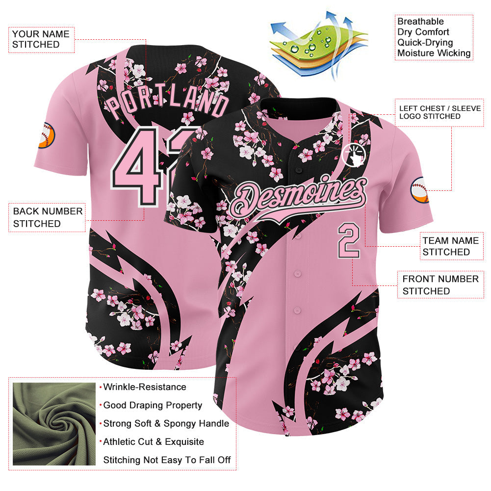 Custom Light Pink Black-White Cherry Blossoms Sakura Authentic Baseball Jersey view 3