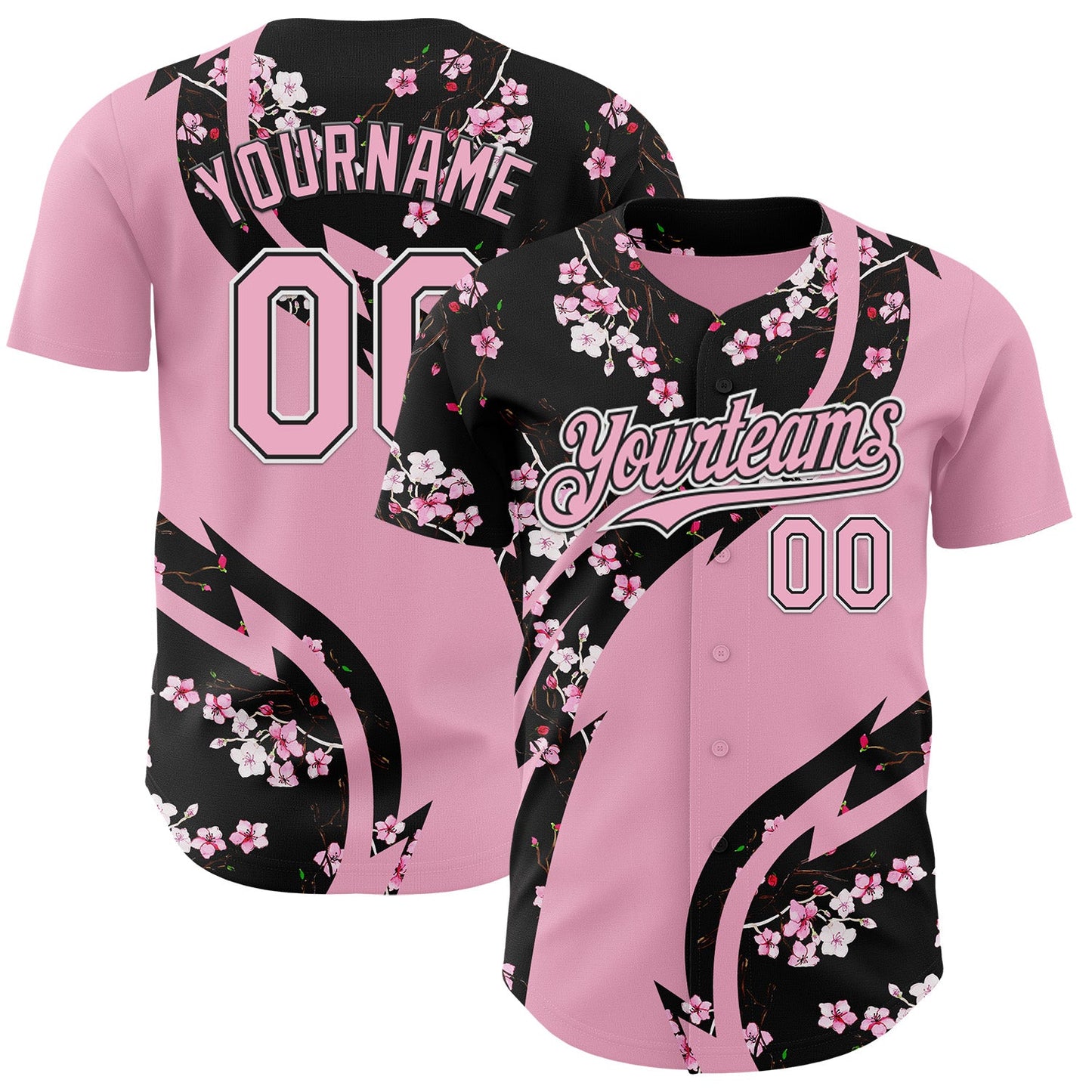 Custom Light Pink Black-White Cherry Blossoms Sakura Authentic Baseball Jersey - Main View